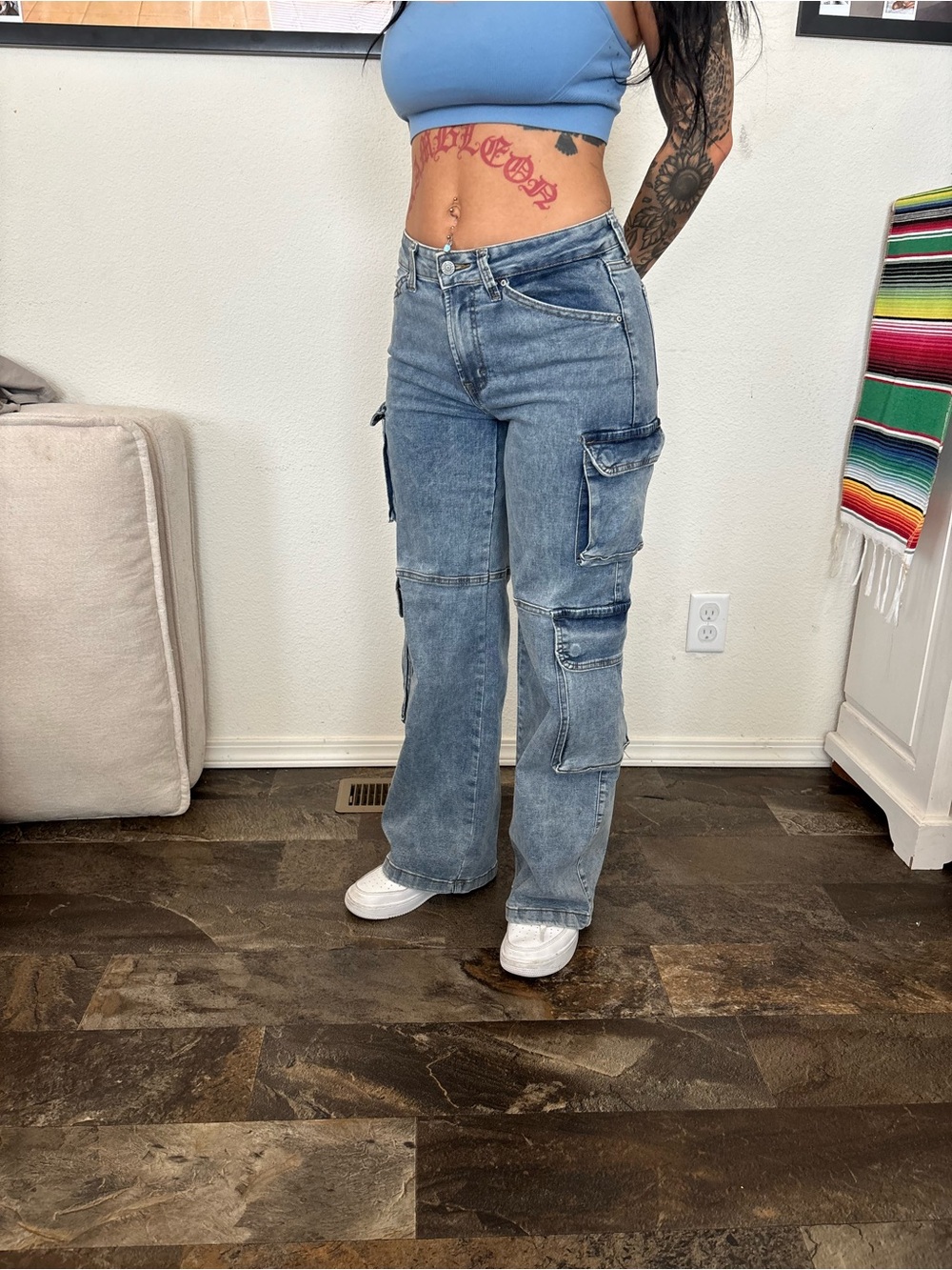 Women's Blue Cargo Denim Jeans - Casual Utility Style
